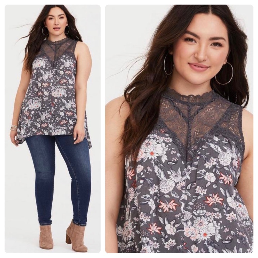 3/$22🩶 Torrid Gray Illusion Sharkbite Gauze Tank Top Flowy Floral Plus Size 1 1X